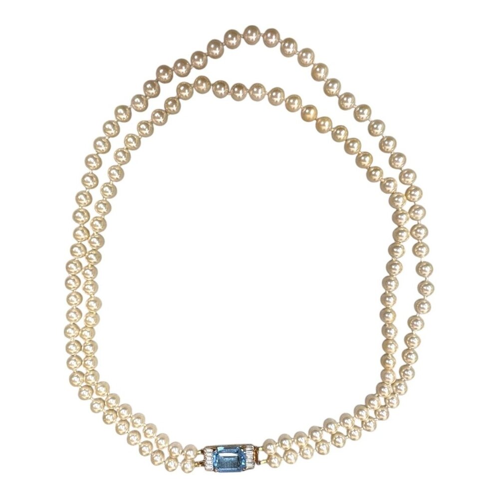 Vintage SAL Swarovski Double Strand Pearl Necklace Blue Topaz Baguette Clasp 23"